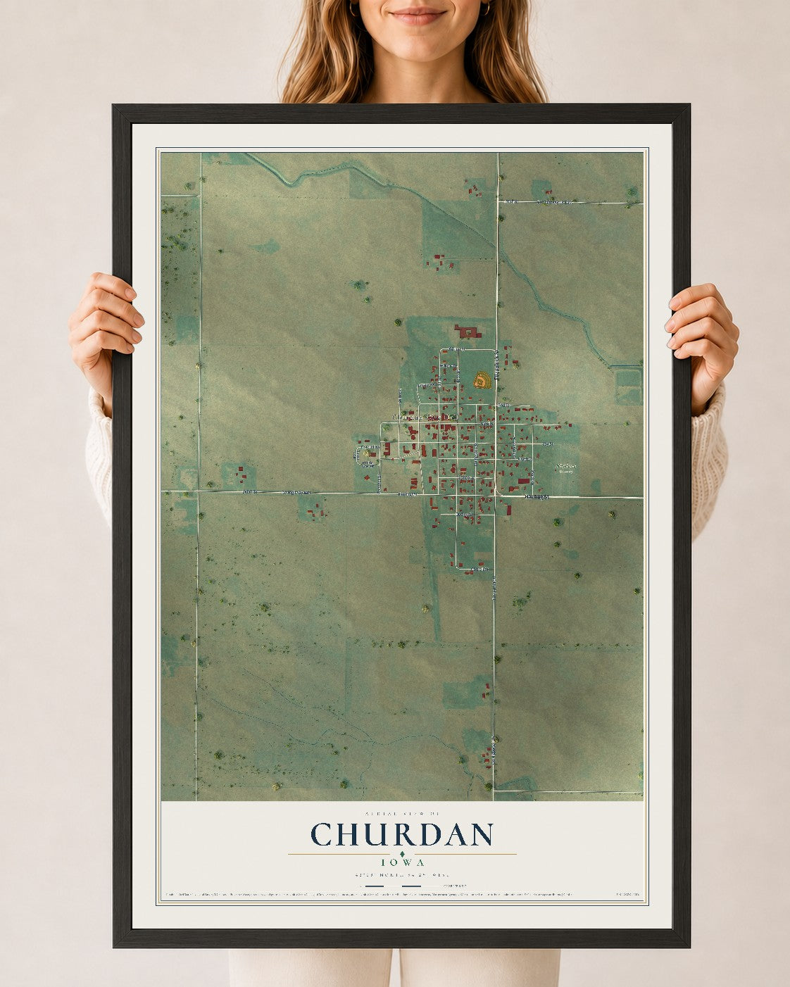 Map of Churdan, Iowa, 24 x 36 inch print in a black wood frame
