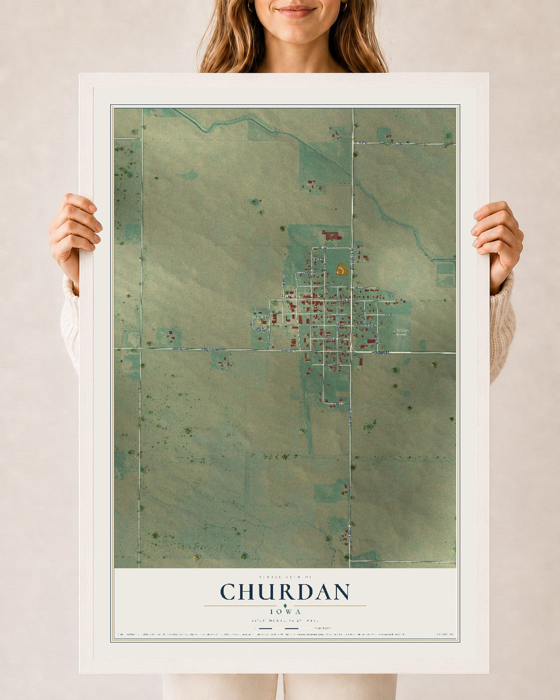 Map of Churdan, Iowa, 24 x 36 inch print in a white wood frame