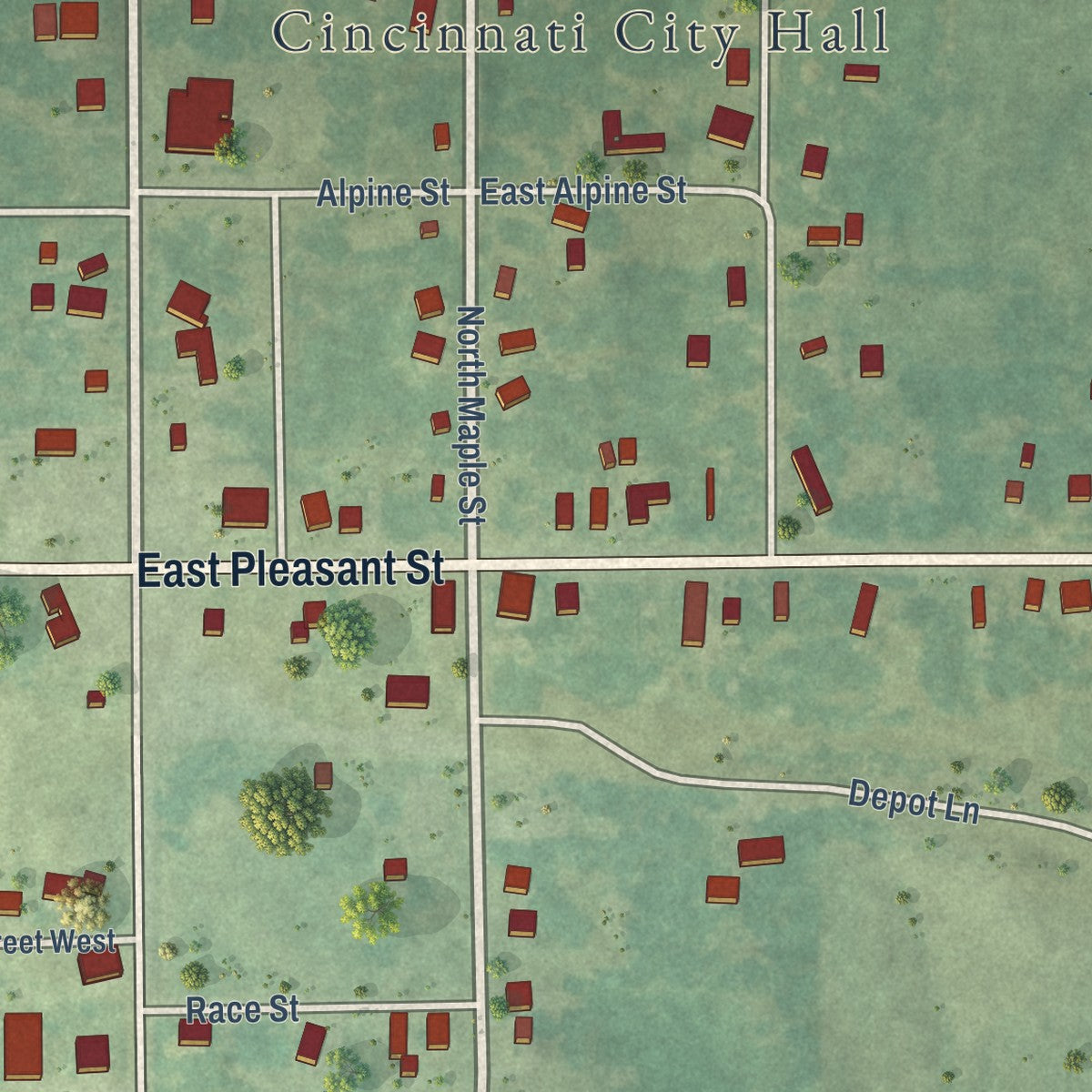 Close-up of the map of Cincinnati, Iowa print showing street and building detail