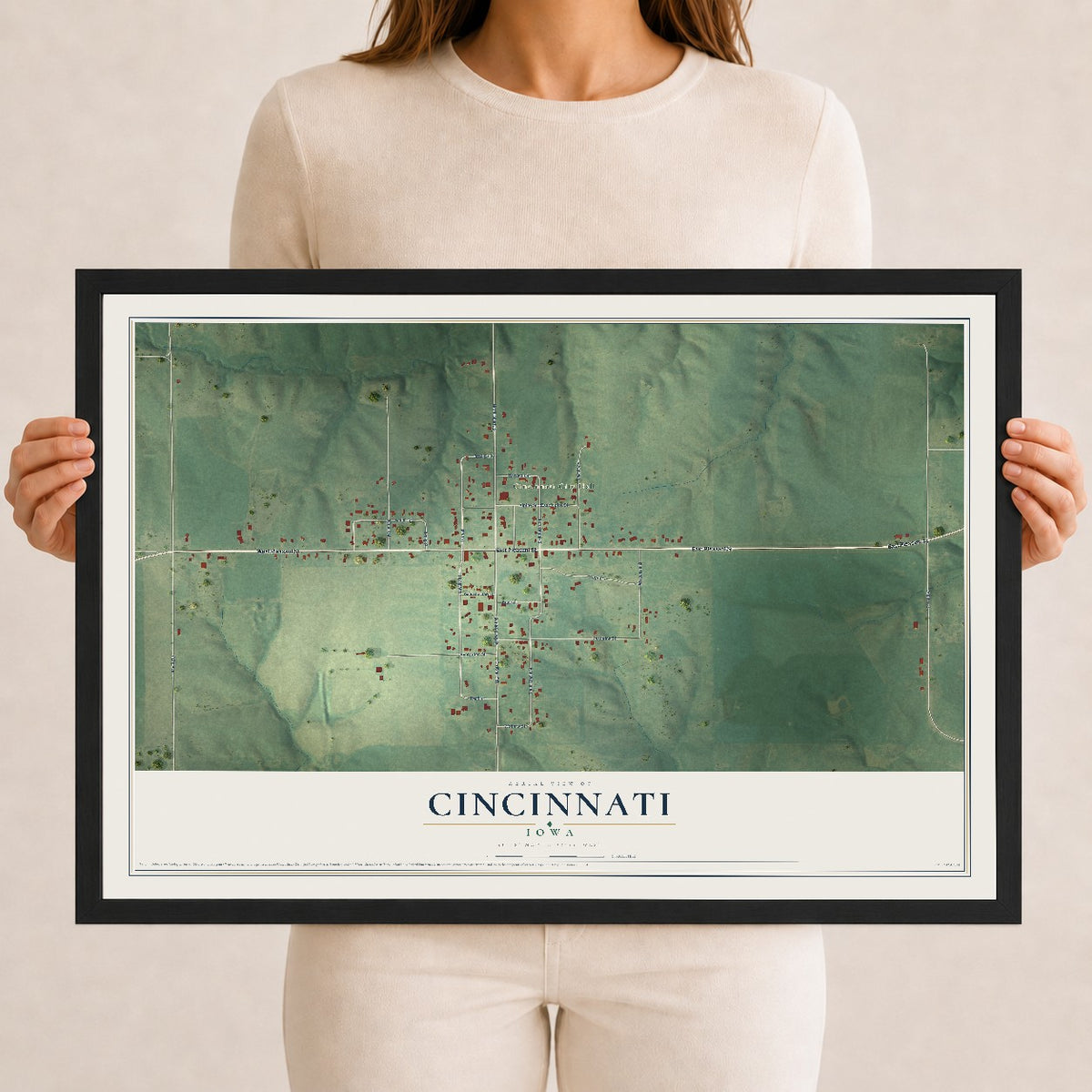 Map of Cincinnati, Iowa, 12 x 18 inch print in a black wood frame