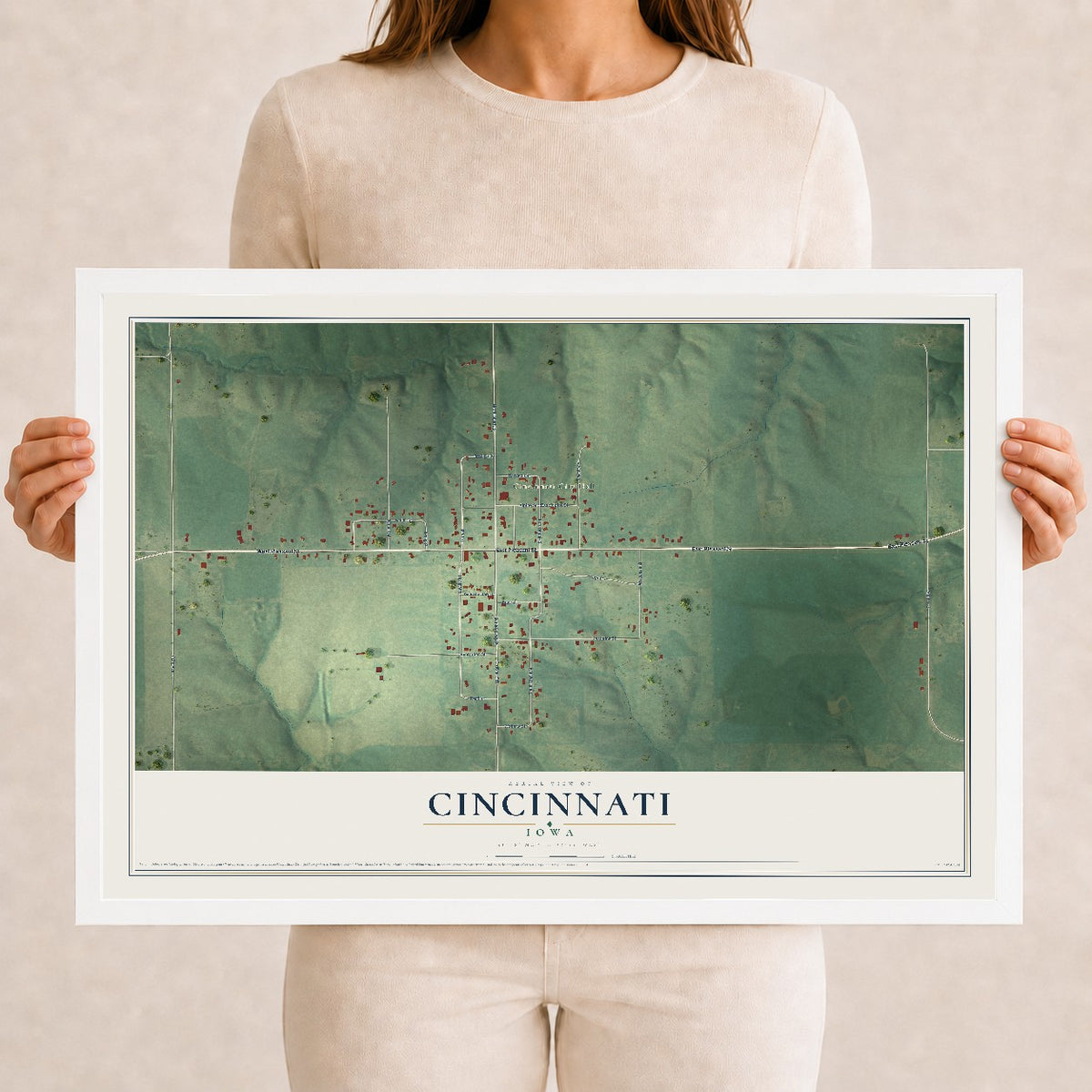 Map of Cincinnati, Iowa, 12 x 18 inch print in a white wood frame