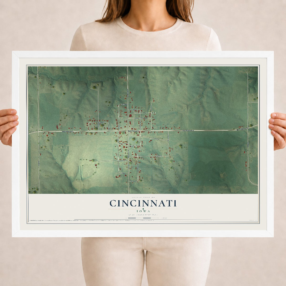 Map of Cincinnati, Iowa, 18 x 24 inch print in a white wood frame