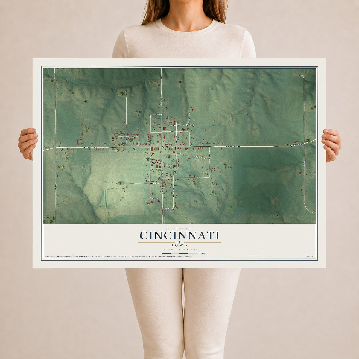 Map of Cincinnati, Iowa, 24 x 36 inch unframed archival matte print