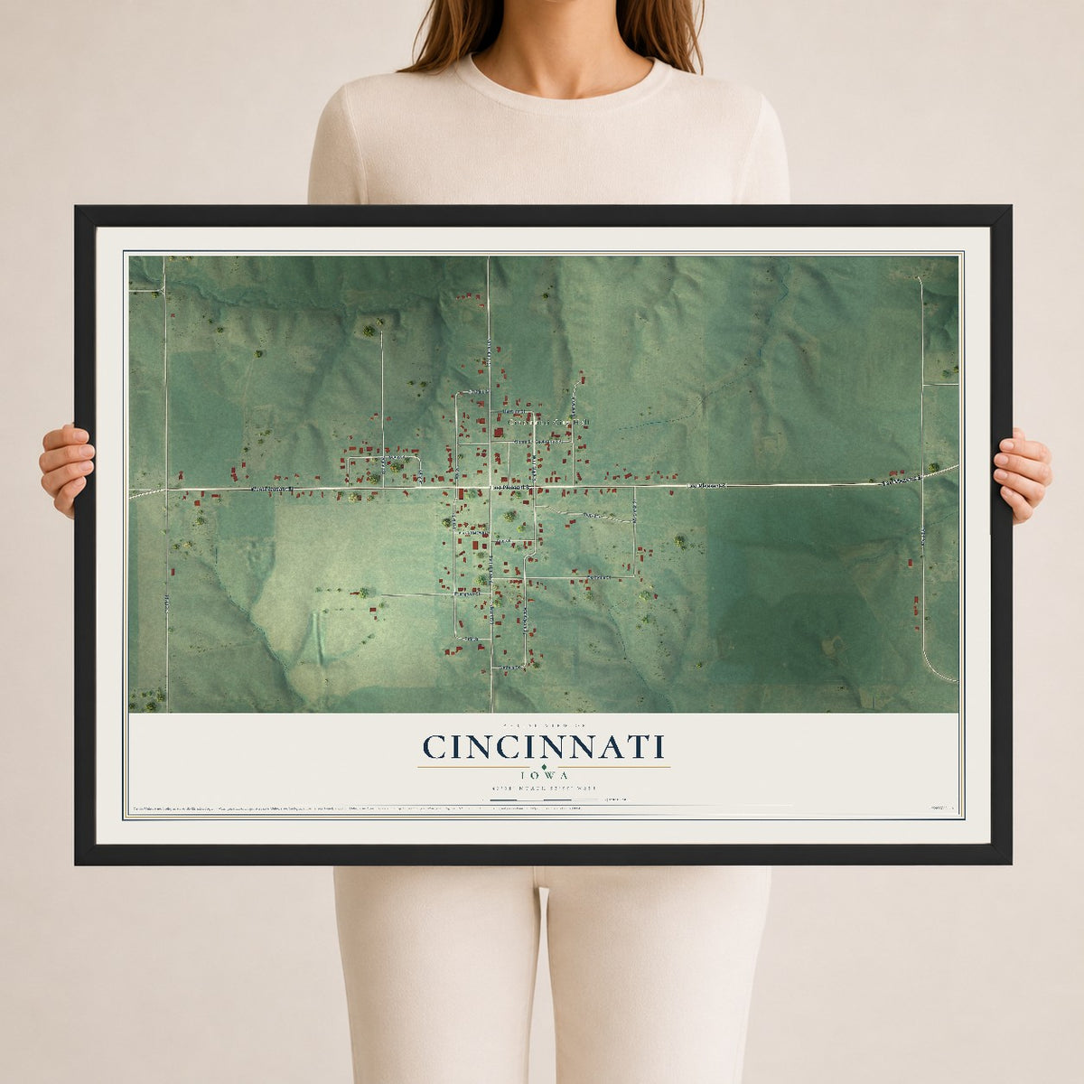 Map of Cincinnati, Iowa, 24 x 36 inch print in a black wood frame