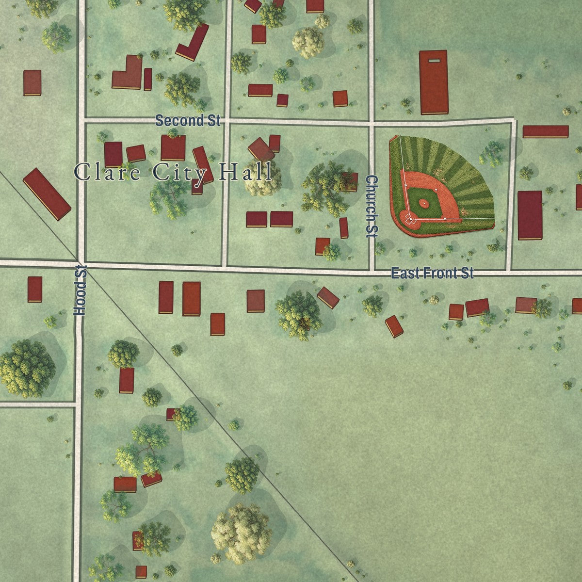 Close-up of the map of Clare, Iowa print showing street and building detail