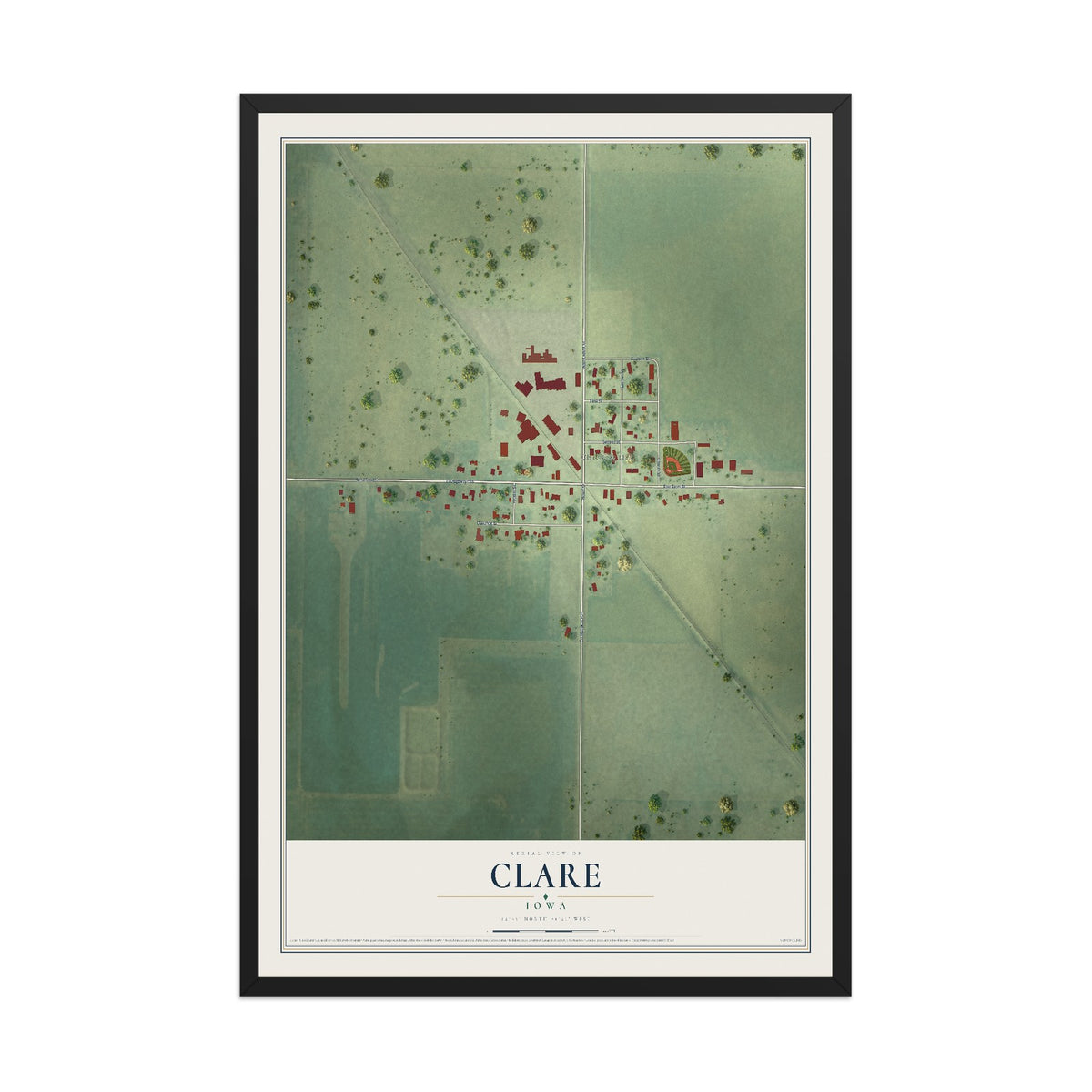 Map of Clare, Iowa, 12 x 18 inch print in a black wood frame