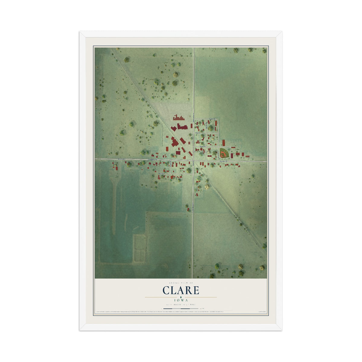 Map of Clare, Iowa, 12 x 18 inch print in a white wood frame