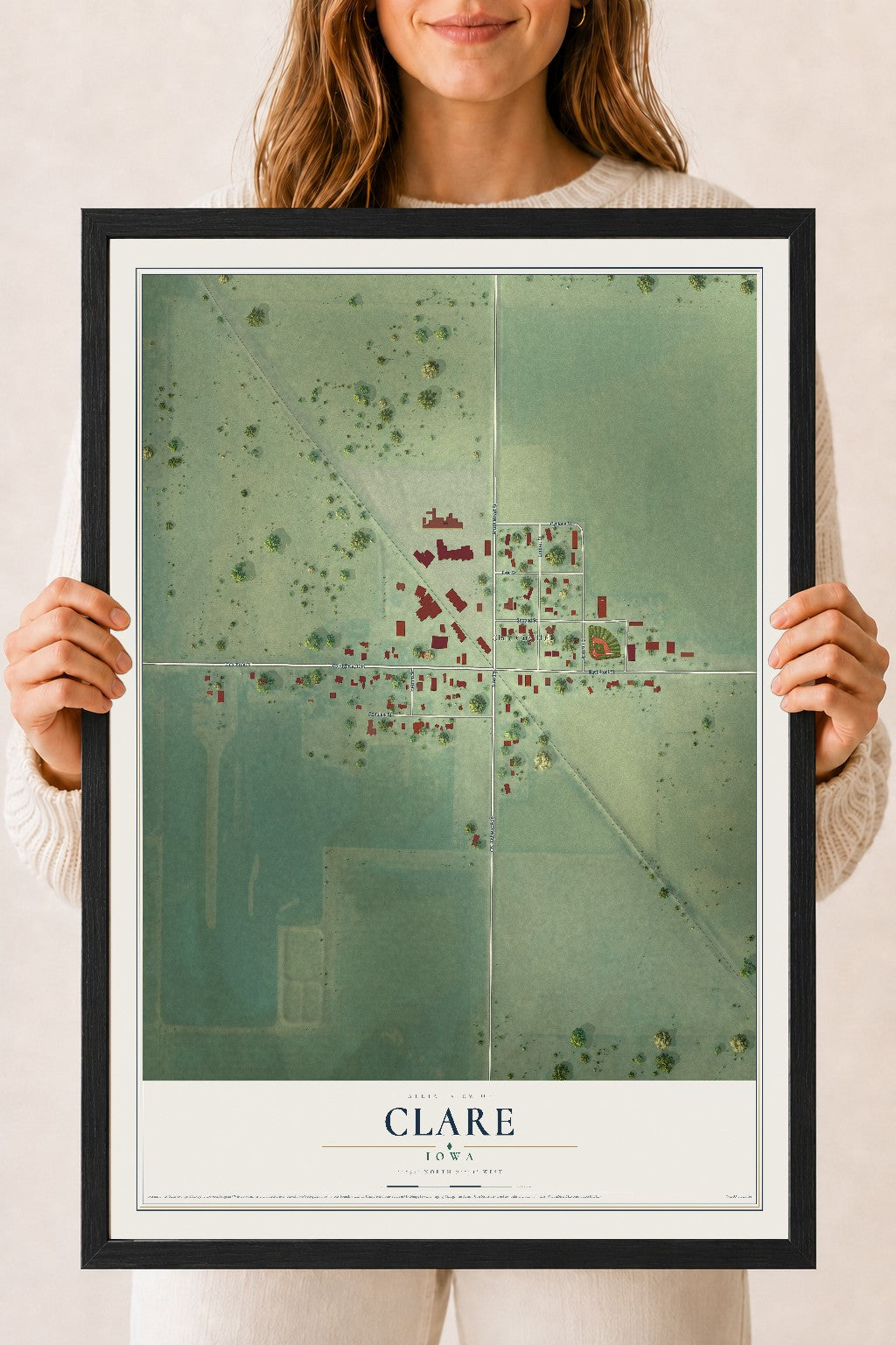 Map of Clare, Iowa, 18 x 24 inch print in a black wood frame