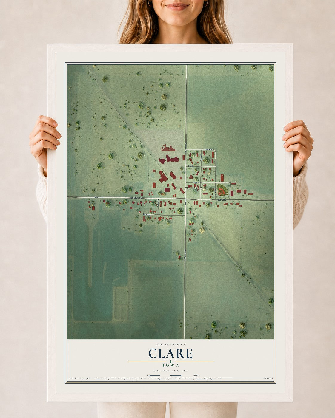 Map of Clare, Iowa, 24 x 36 inch print in a white wood frame