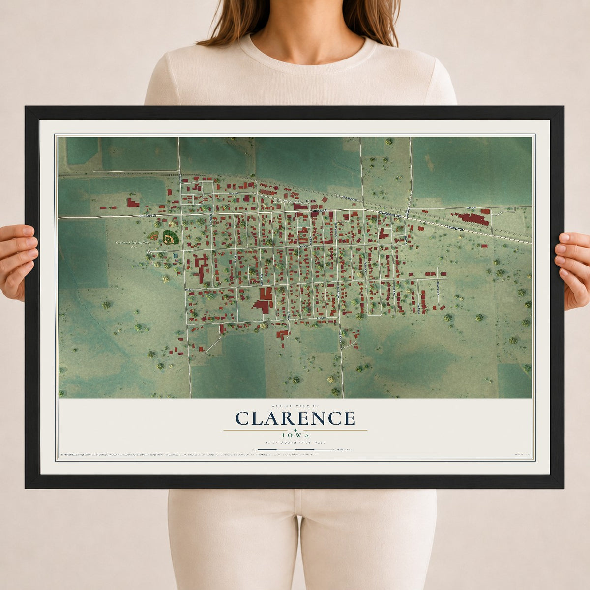 Map of Clarence, Iowa, 18 x 24 inch print in a black wood frame
