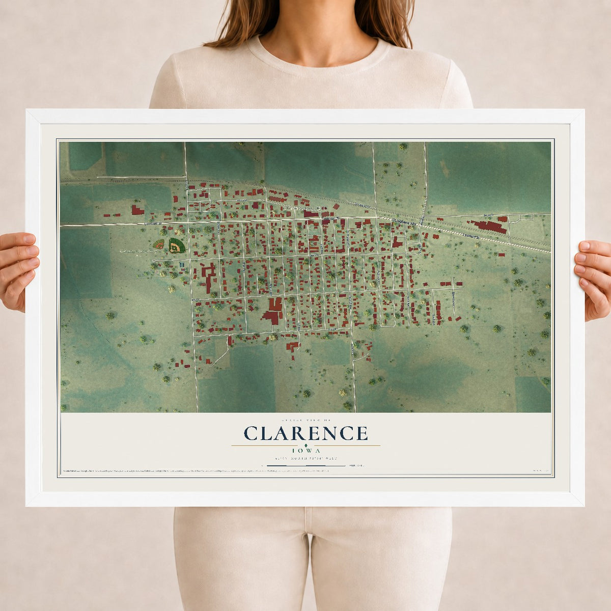 Map of Clarence, Iowa, 18 x 24 inch print in a white wood frame
