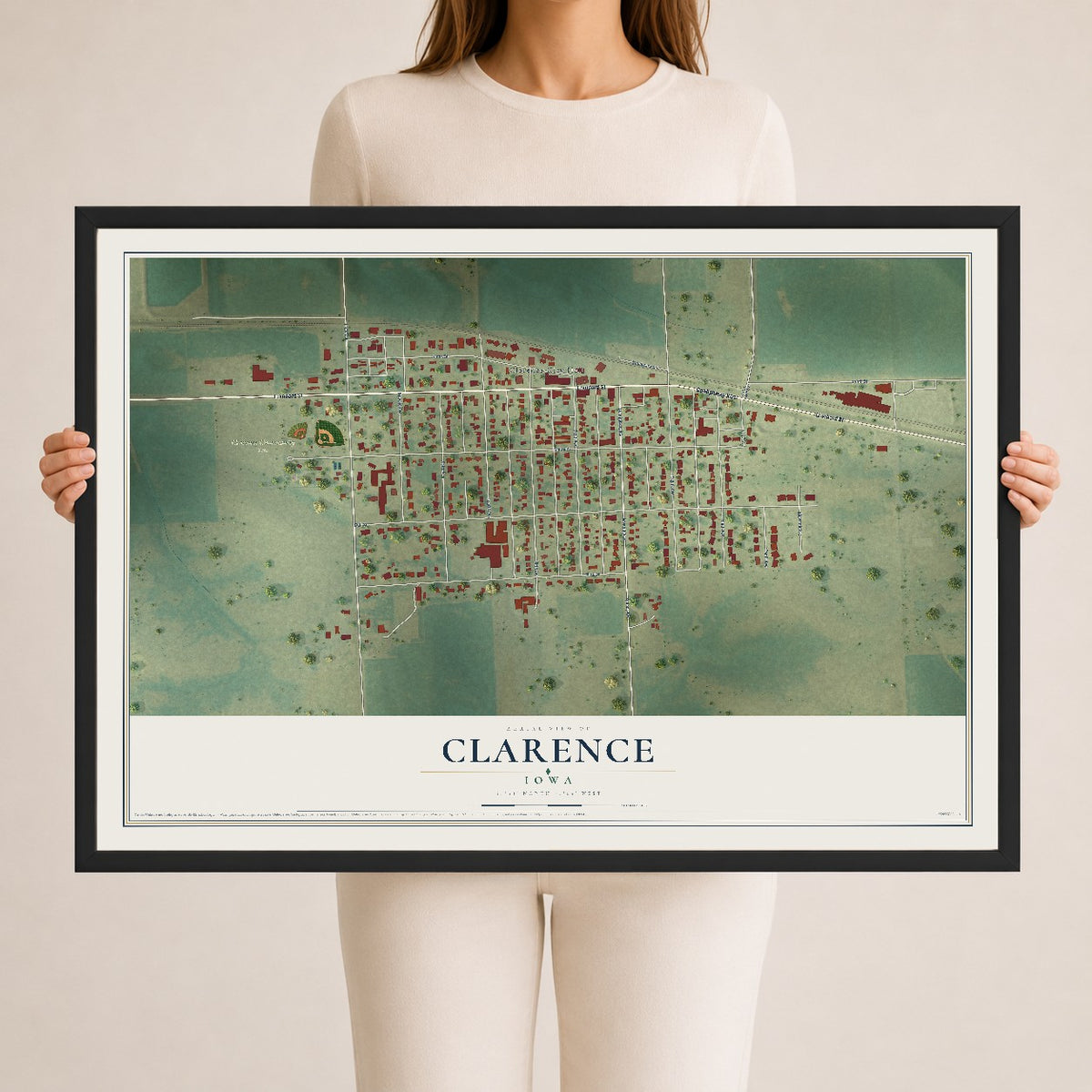 Map of Clarence, Iowa, 24 x 36 inch print in a black wood frame