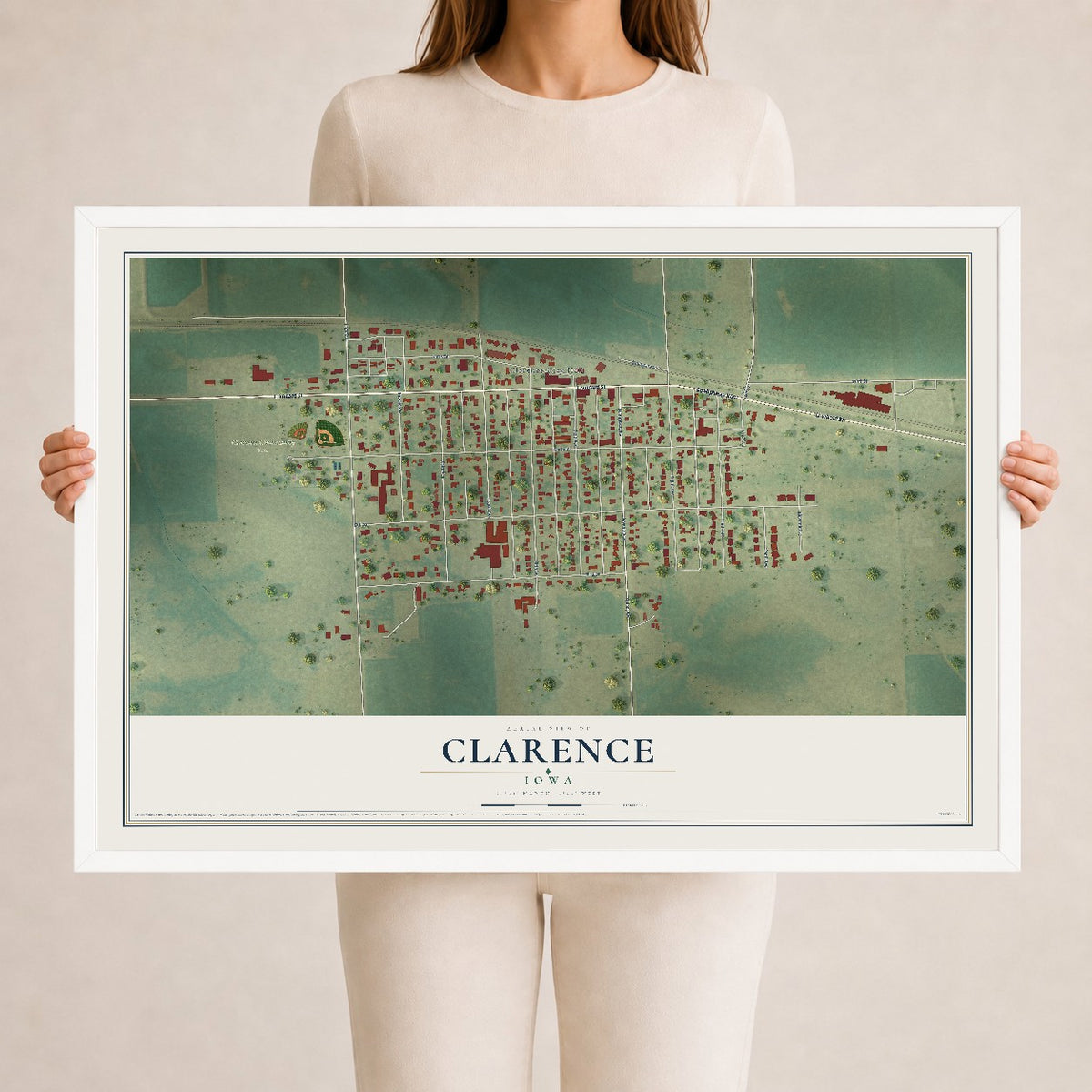 Map of Clarence, Iowa, 24 x 36 inch print in a white wood frame
