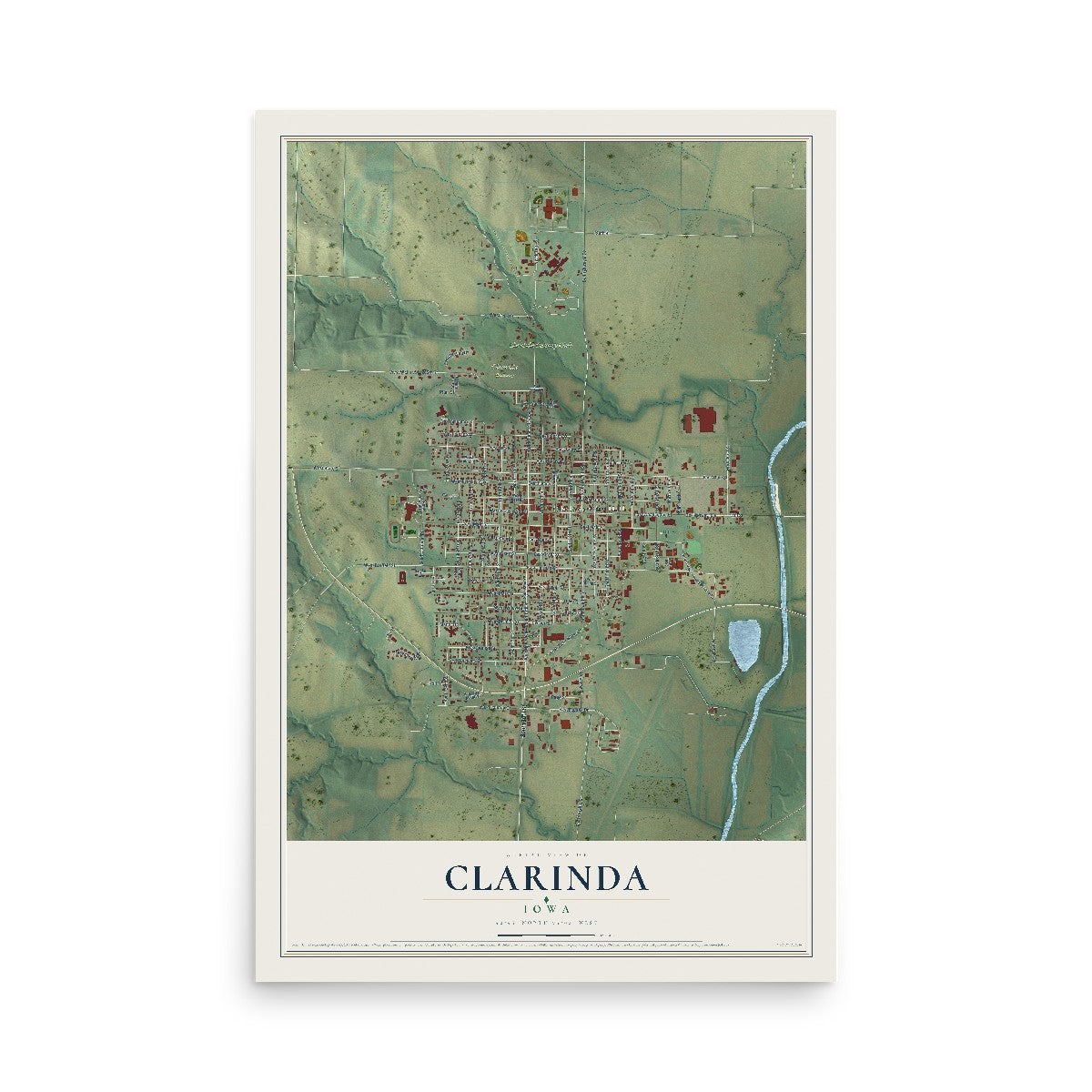 Map of Clarinda, Iowa, 12 x 18 inch unframed archival matte print