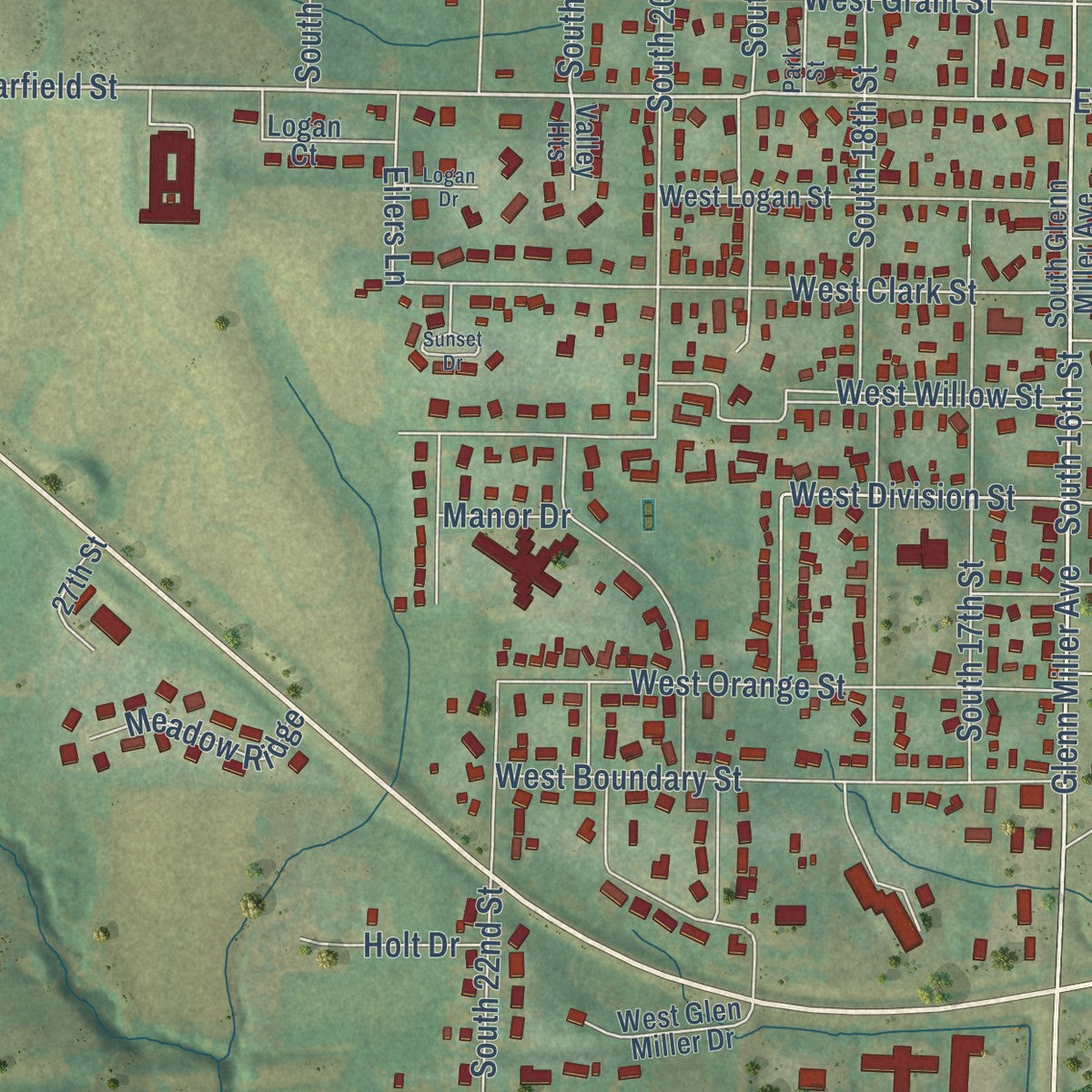 Second close-up of the map of Clarinda, Iowa print showing more streets and buildings