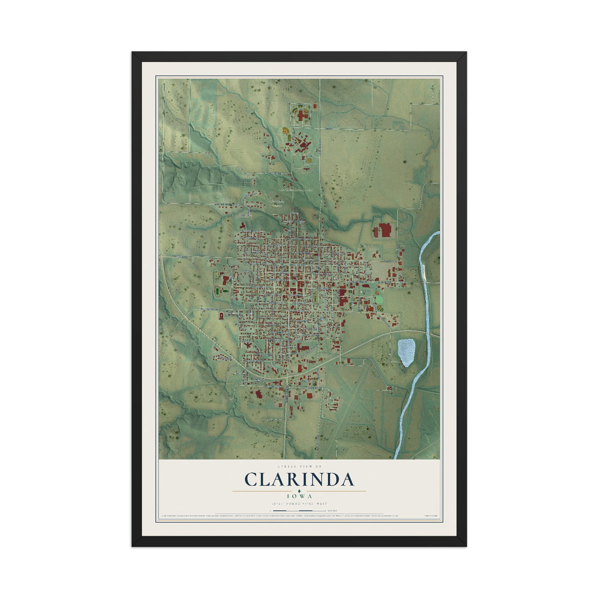 Map of Clarinda, Iowa, 12 x 18 inch print in a black wood frame