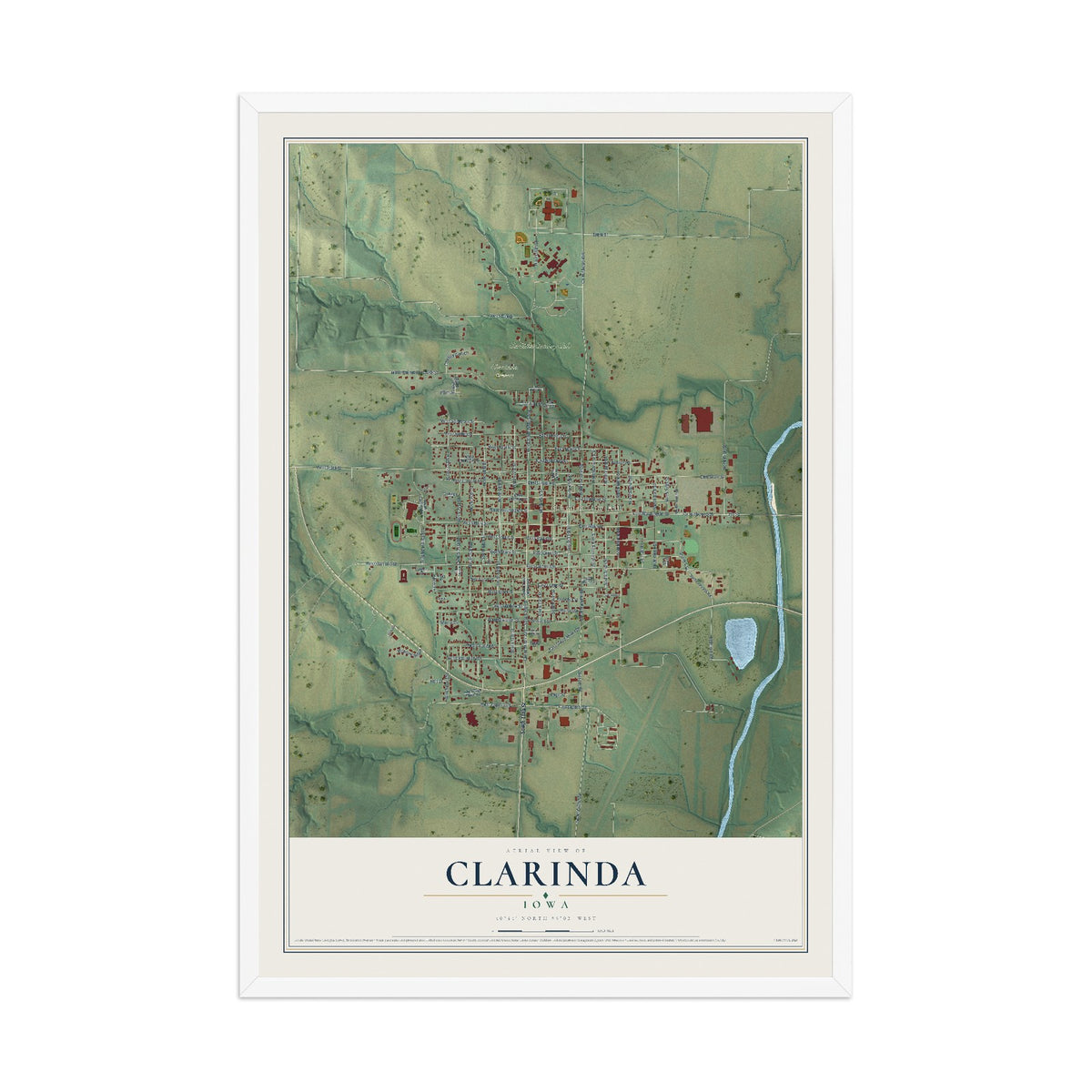 Map of Clarinda, Iowa, 12 x 18 inch print in a white wood frame