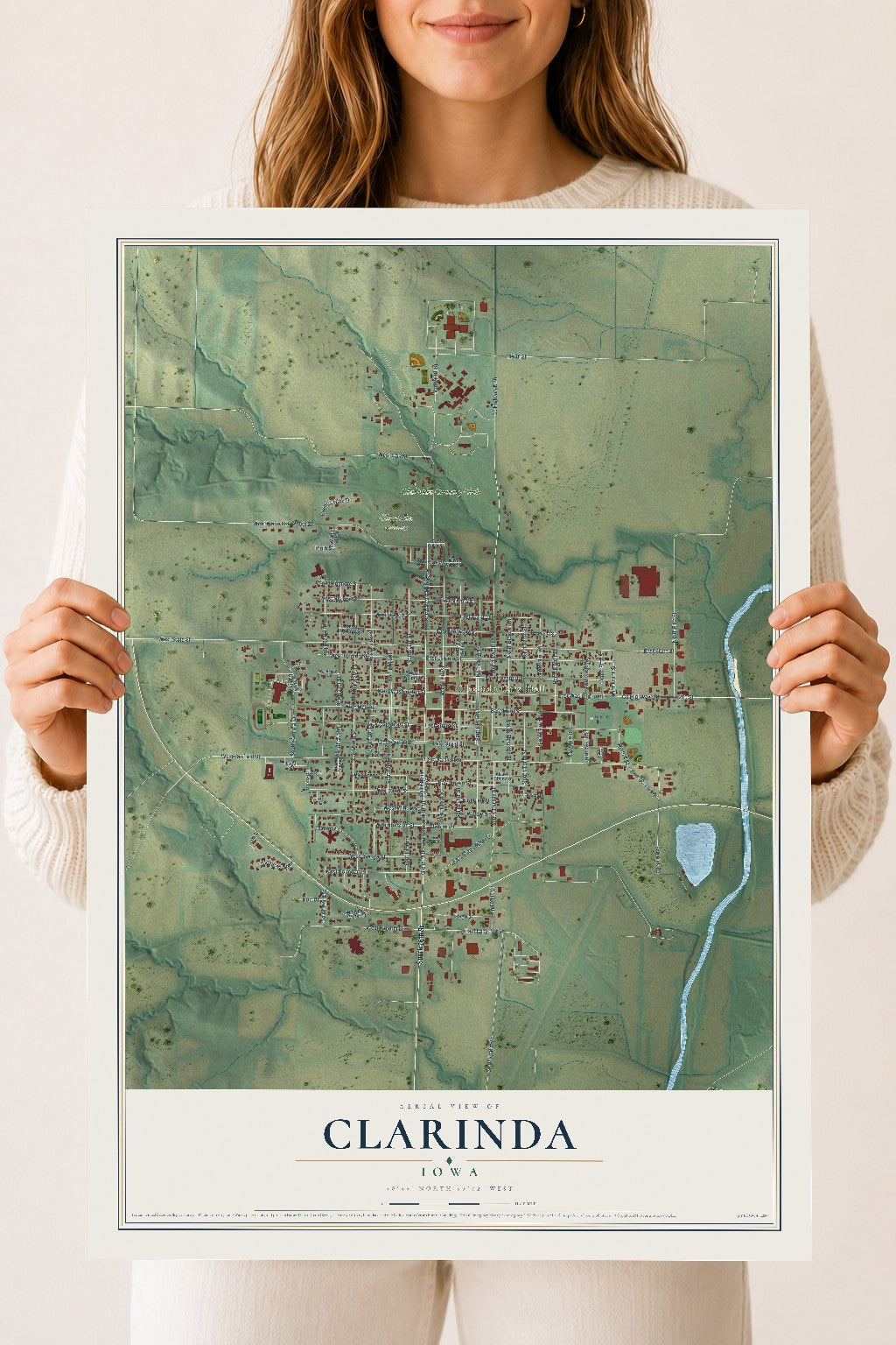 Map of Clarinda, Iowa, 18 x 24 inch unframed archival matte print