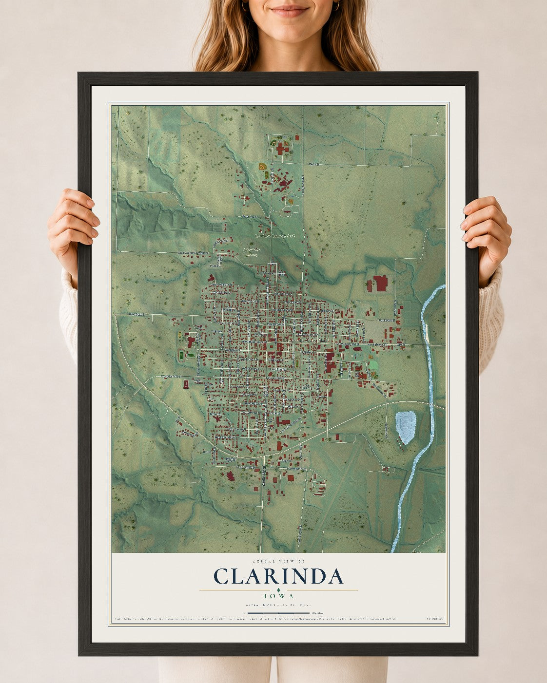 Map of Clarinda, Iowa, 24 x 36 inch print in a black wood frame
