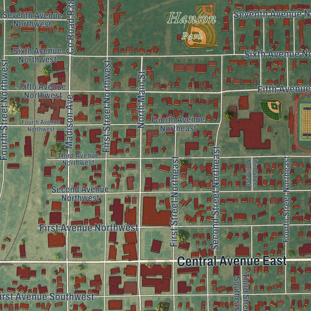 Close-up of the map of Clarion, Iowa print showing street and building detail
