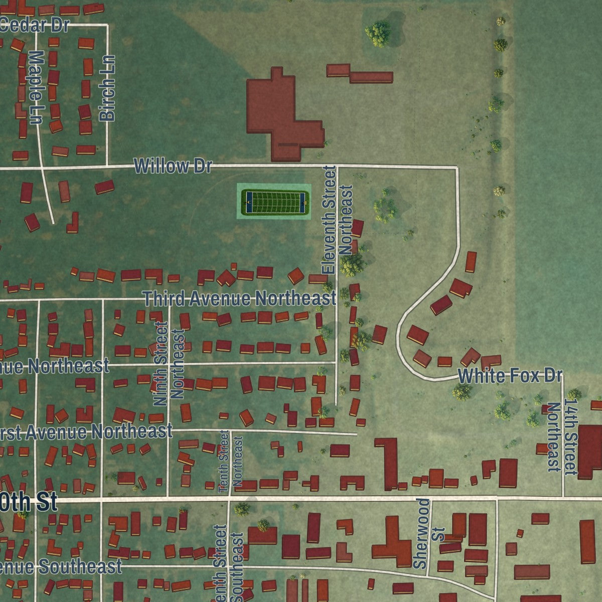 Second close-up of the map of Clarion, Iowa print showing more streets and buildings
