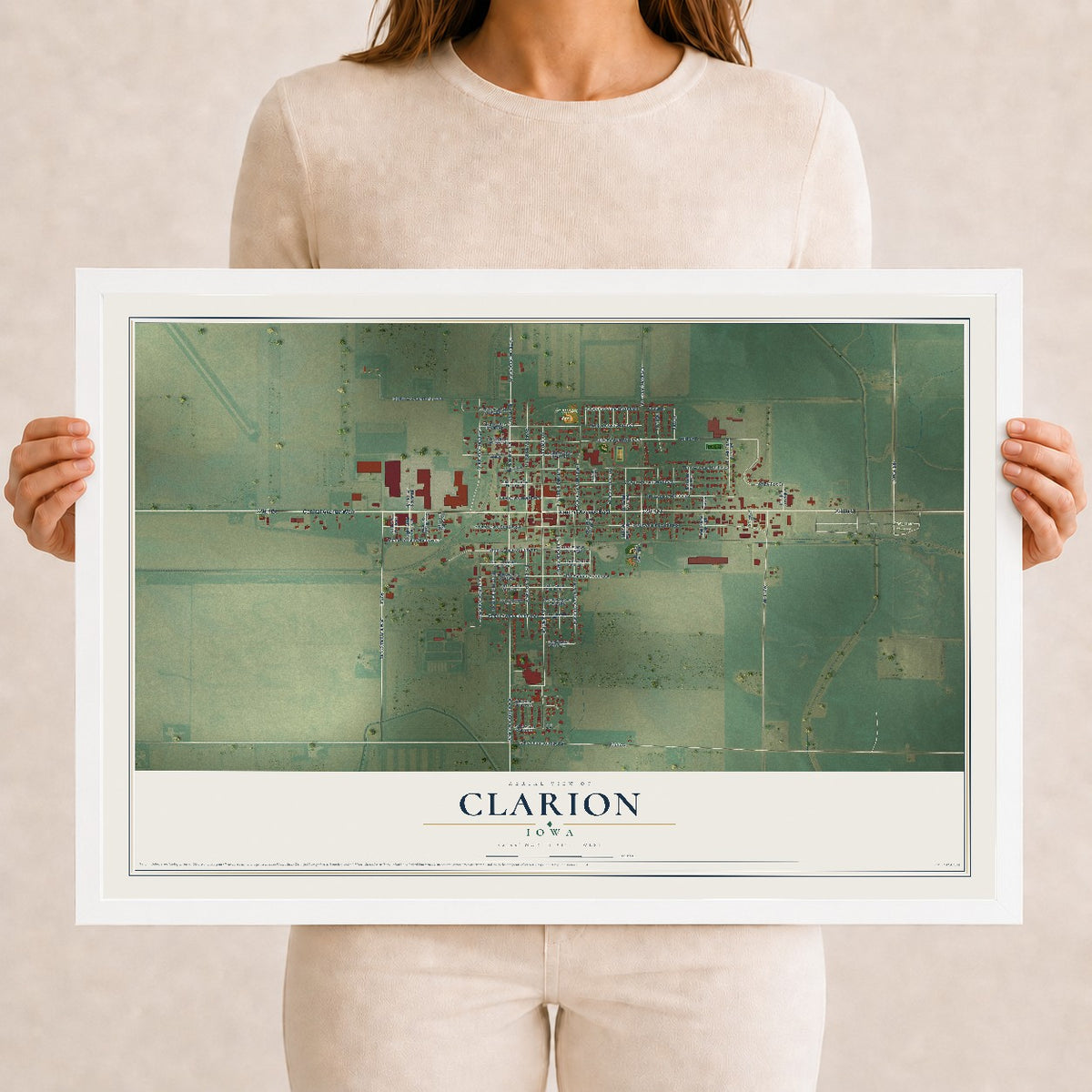 Map of Clarion, Iowa, 12 x 18 inch print in a white wood frame