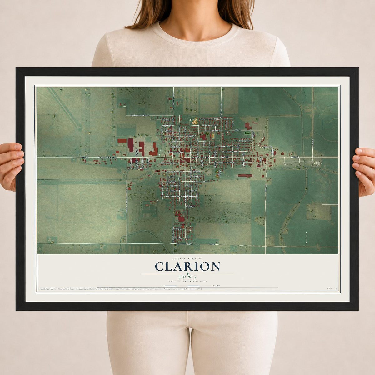 Map of Clarion, Iowa, 18 x 24 inch print in a black wood frame