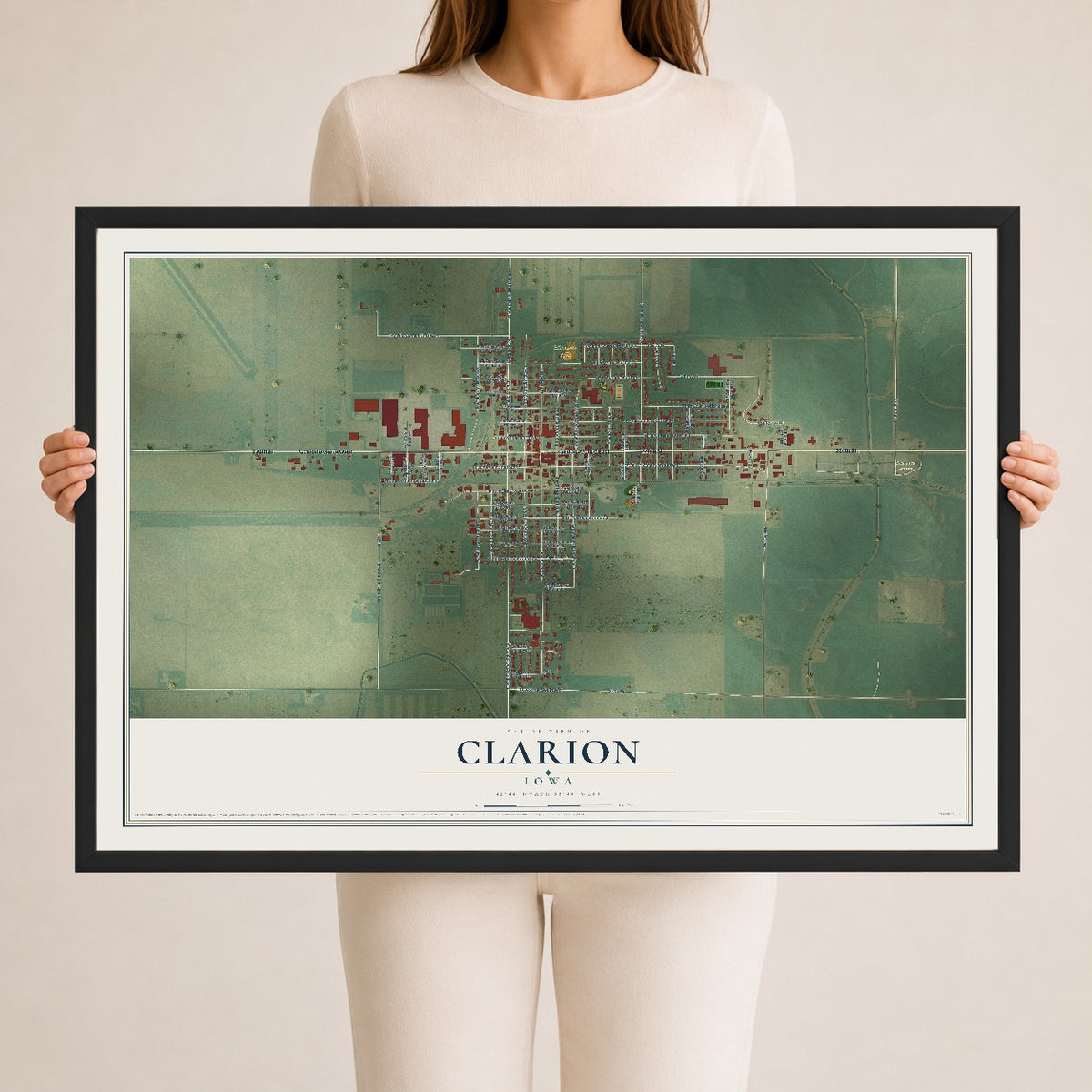 Map of Clarion, Iowa, 24 x 36 inch print in a black wood frame
