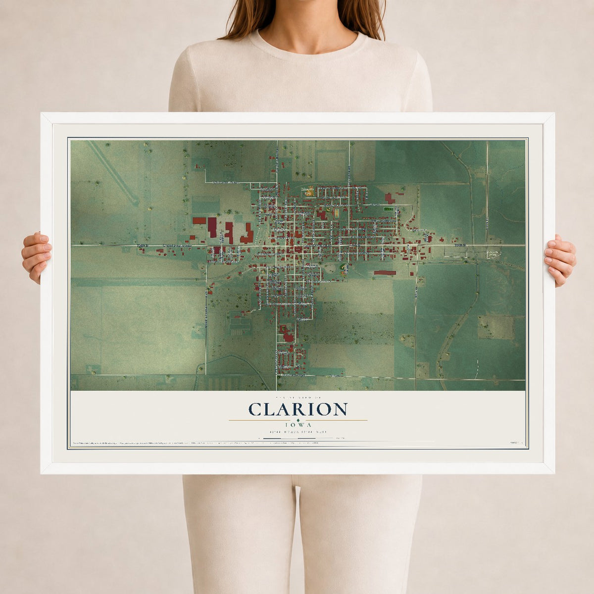 Map of Clarion, Iowa, 24 x 36 inch print in a white wood frame
