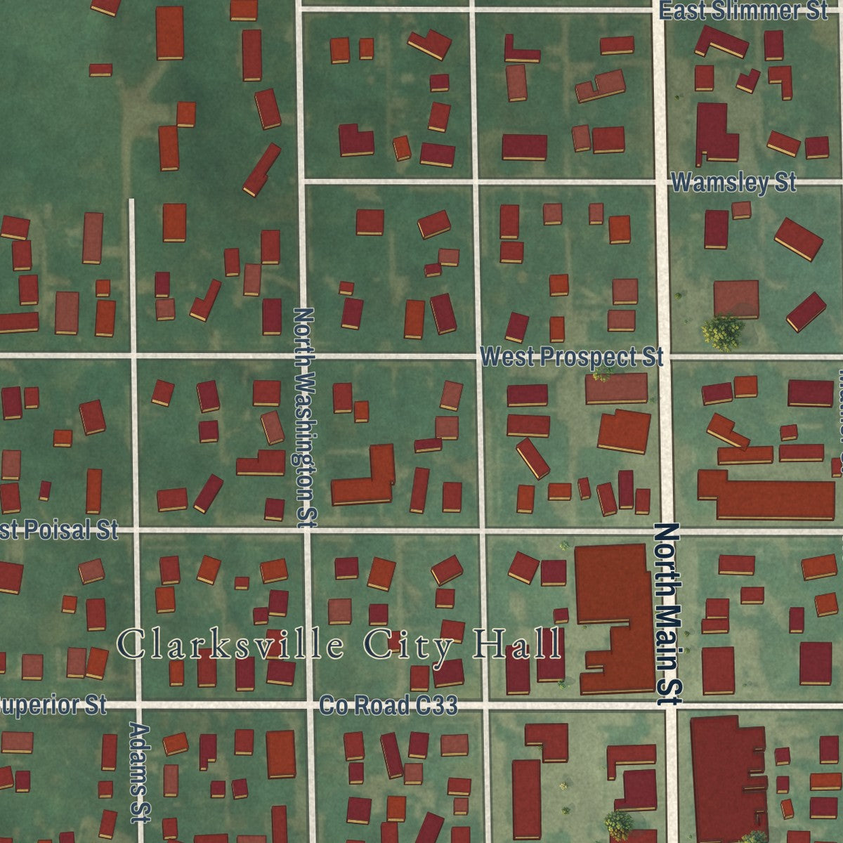 Close-up of the map of Clarksville, Iowa print showing street and building detail