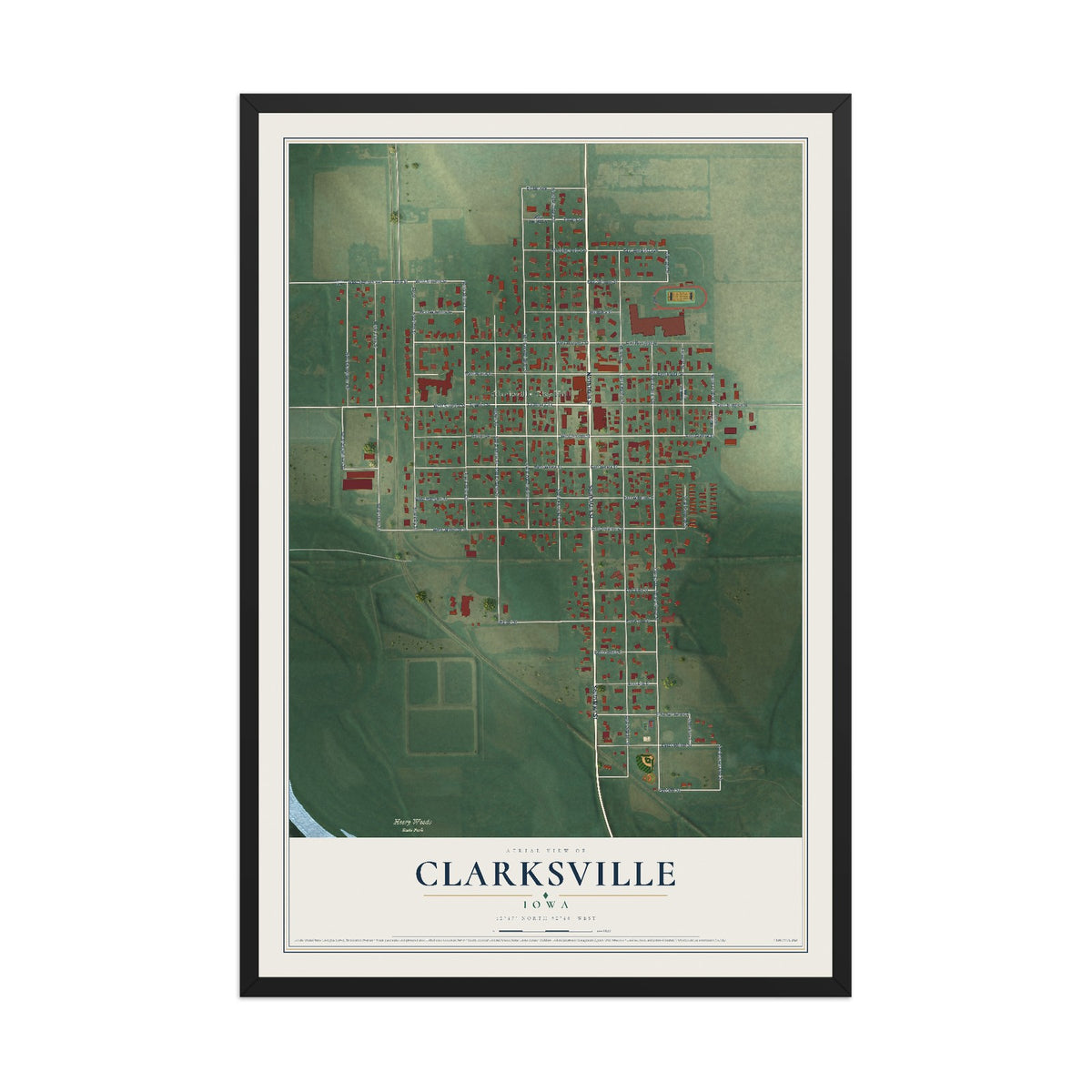 Map of Clarksville, Iowa, 12 x 18 inch print in a black wood frame