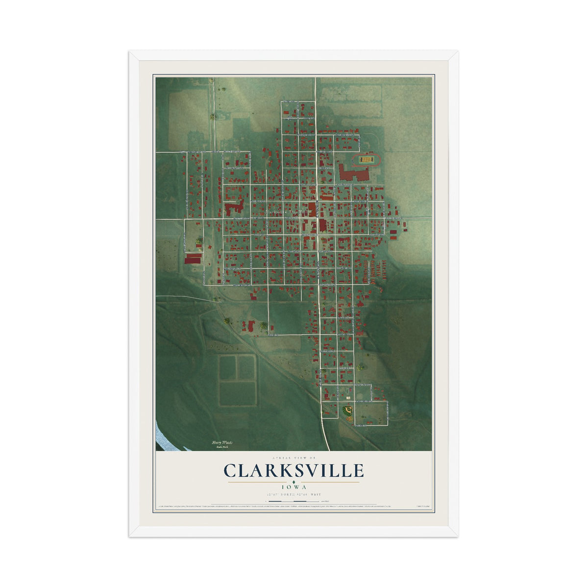 Map of Clarksville, Iowa, 12 x 18 inch print in a white wood frame