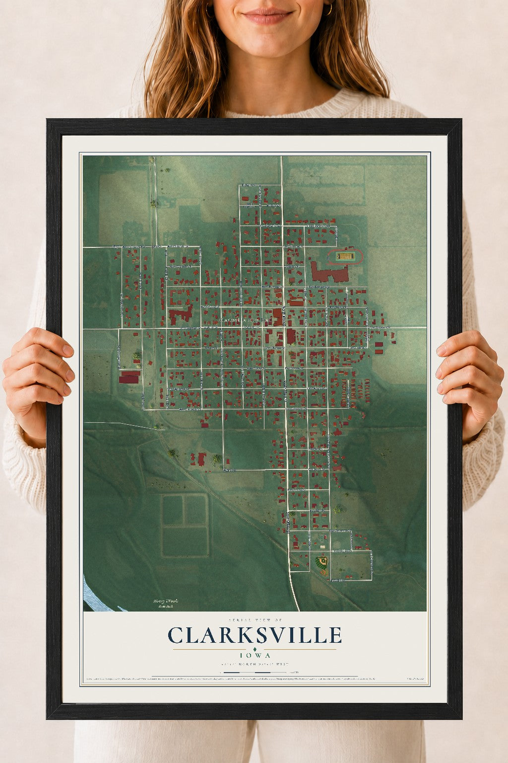 Map of Clarksville, Iowa, 18 x 24 inch print in a black wood frame