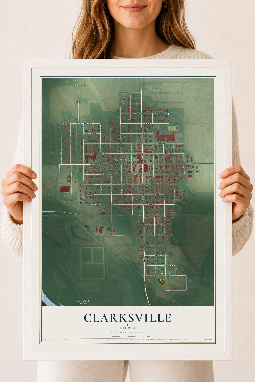 Map of Clarksville, Iowa, 18 x 24 inch print in a white wood frame