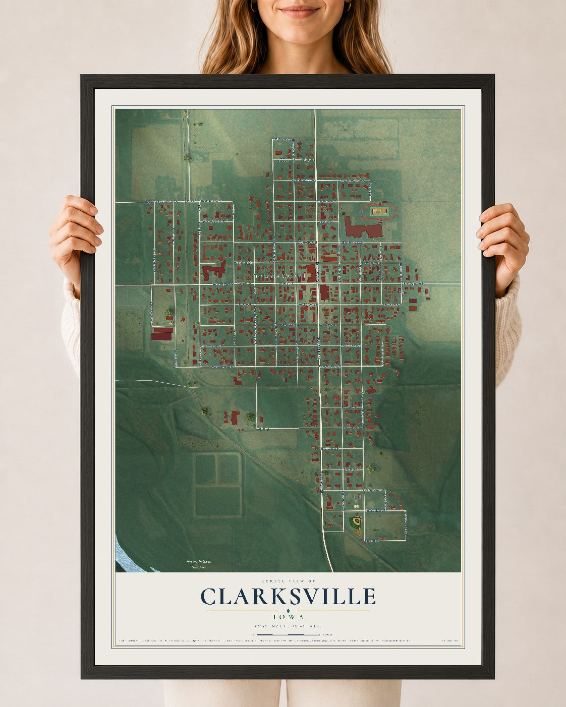 Map of Clarksville, Iowa, 24 x 36 inch print in a black wood frame