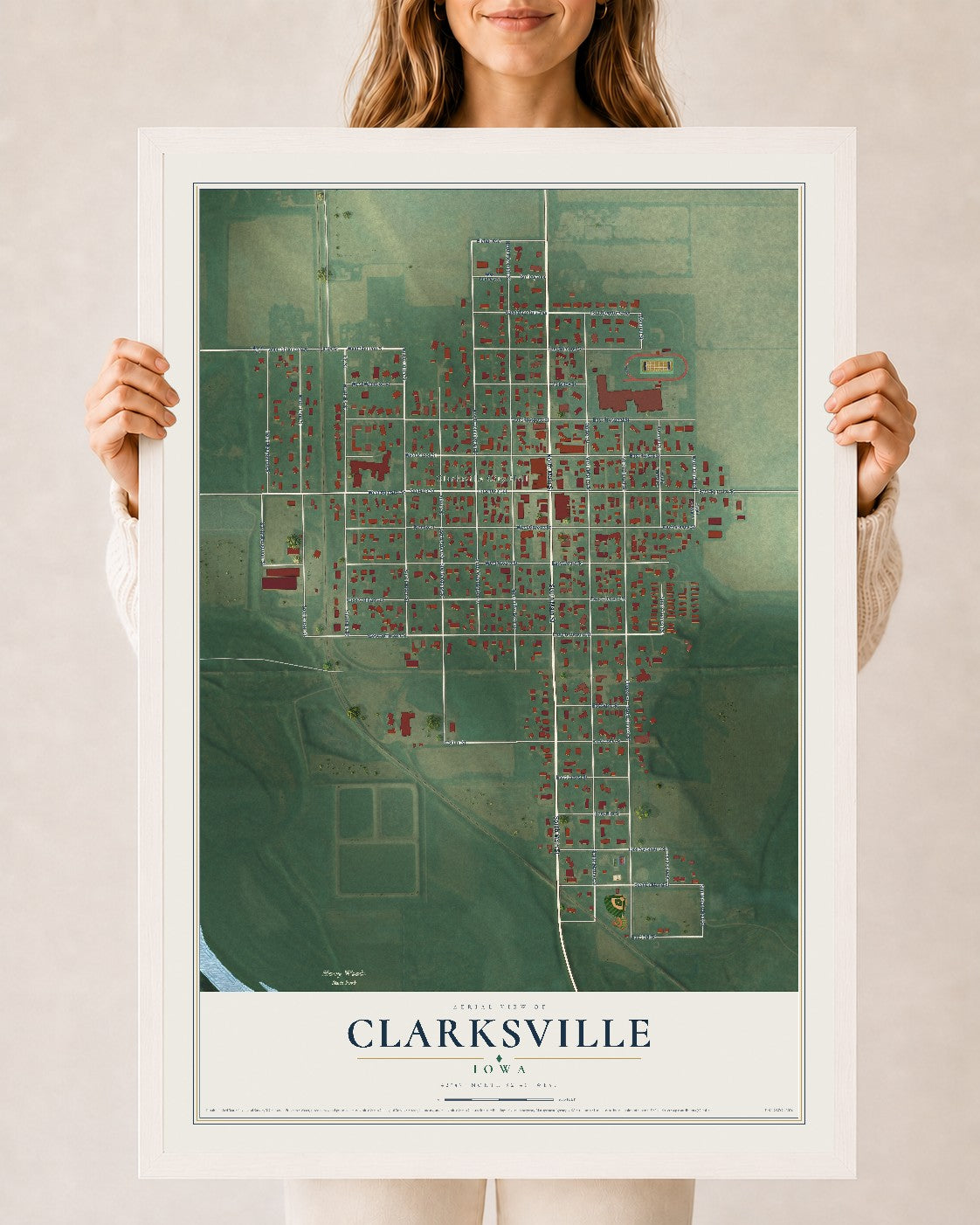 Map of Clarksville, Iowa, 24 x 36 inch print in a white wood frame