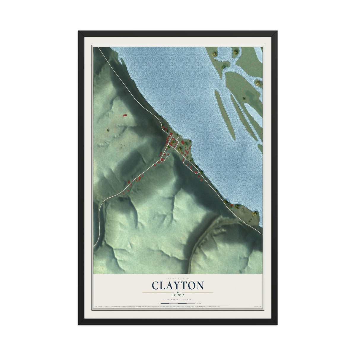 Map of Clayton, Iowa, 12 x 18 inch print in a black wood frame