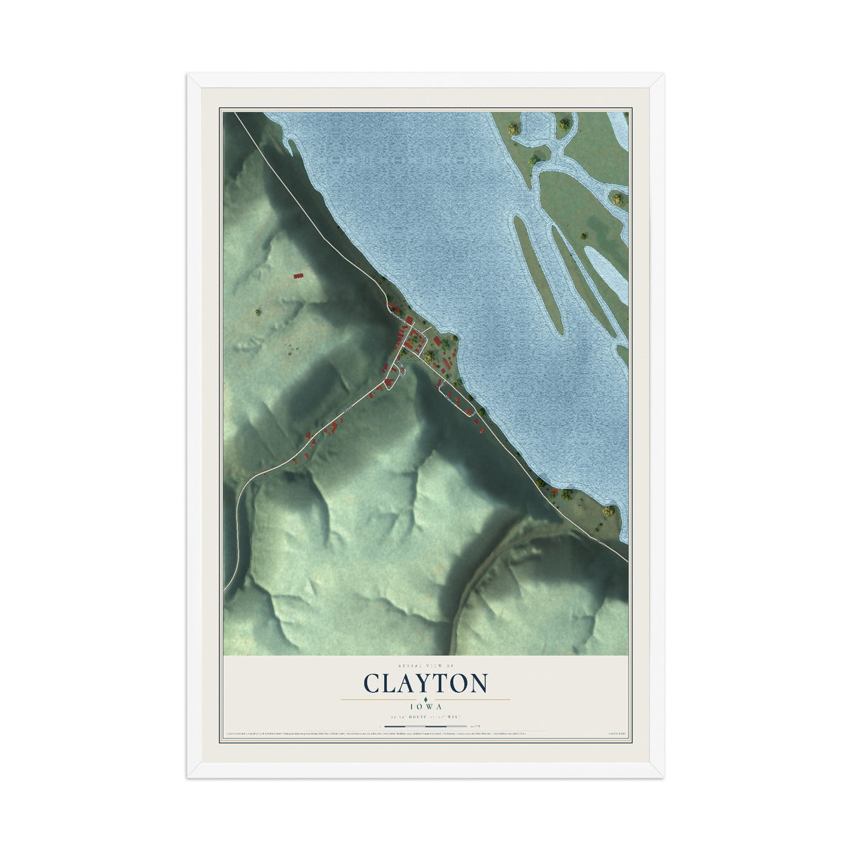 Map of Clayton, Iowa, 12 x 18 inch print in a white wood frame