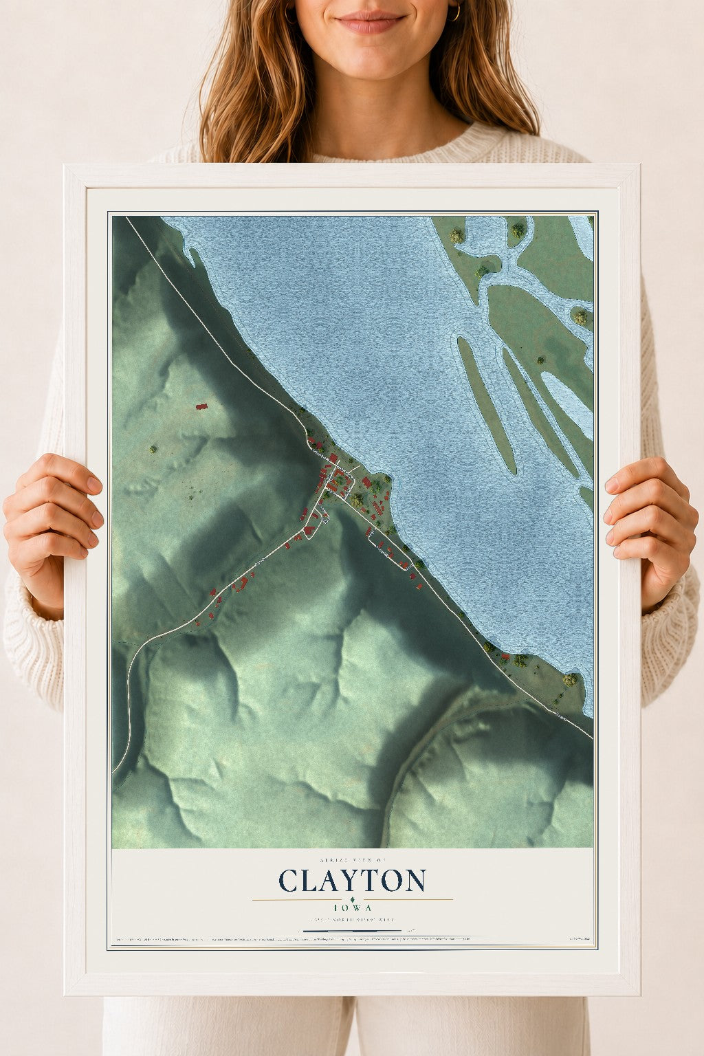 Map of Clayton, Iowa, 18 x 24 inch print in a white wood frame
