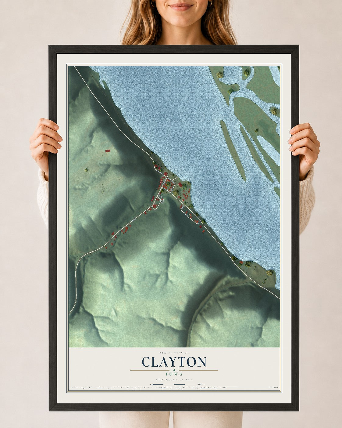 Map of Clayton, Iowa, 24 x 36 inch print in a black wood frame