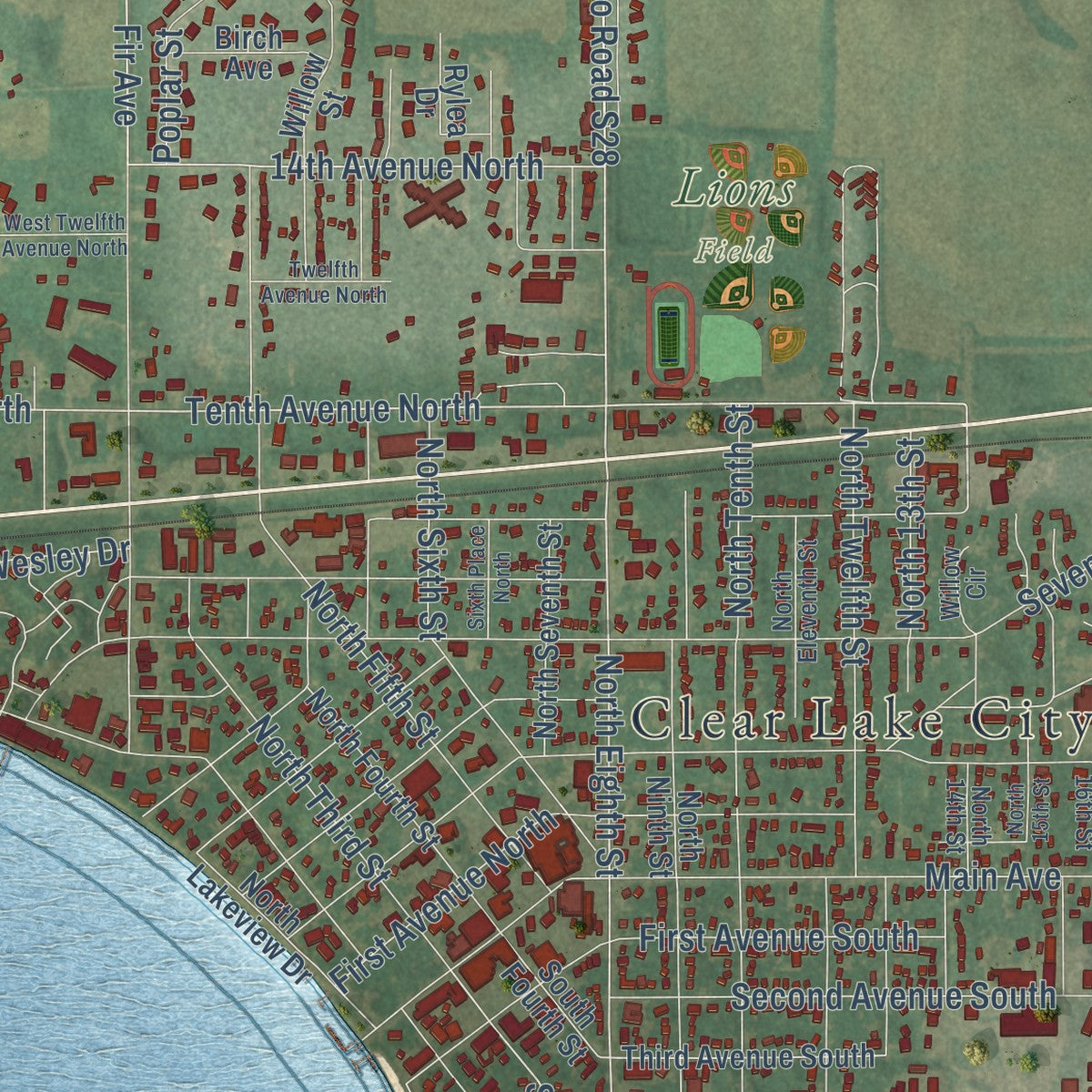 Close-up of the map of Clear Lake, Iowa print showing street and building detail