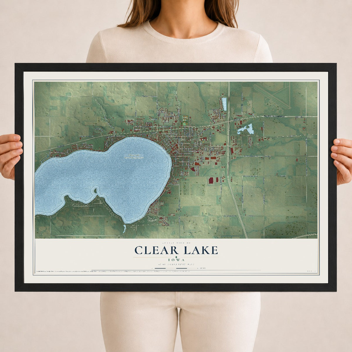 Map of Clear Lake, Iowa, 18 x 24 inch print in a black wood frame