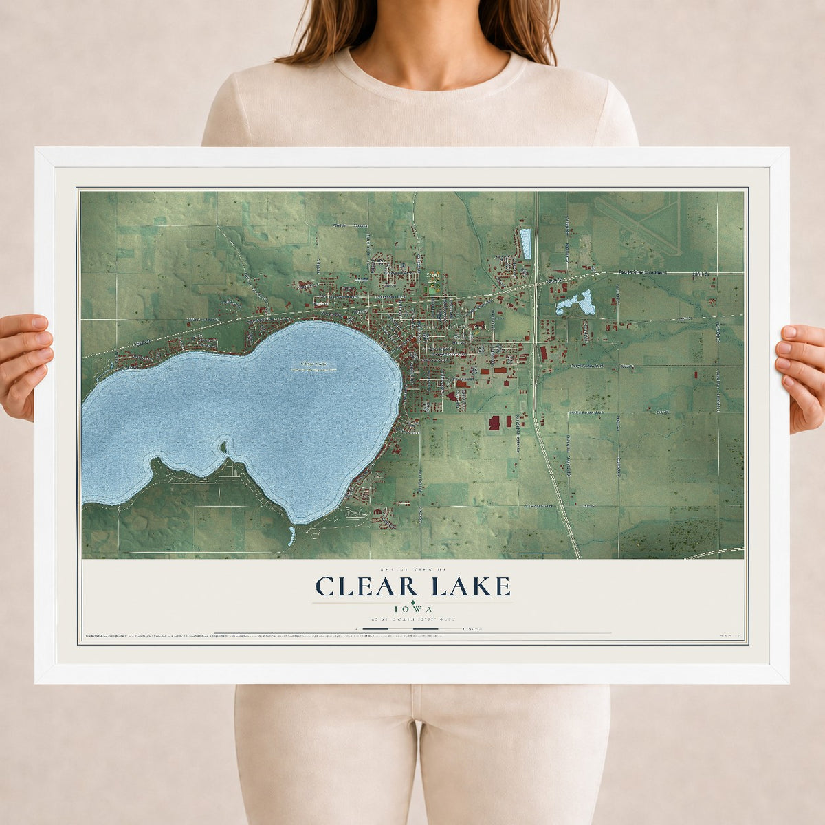 Map of Clear Lake, Iowa, 18 x 24 inch print in a white wood frame
