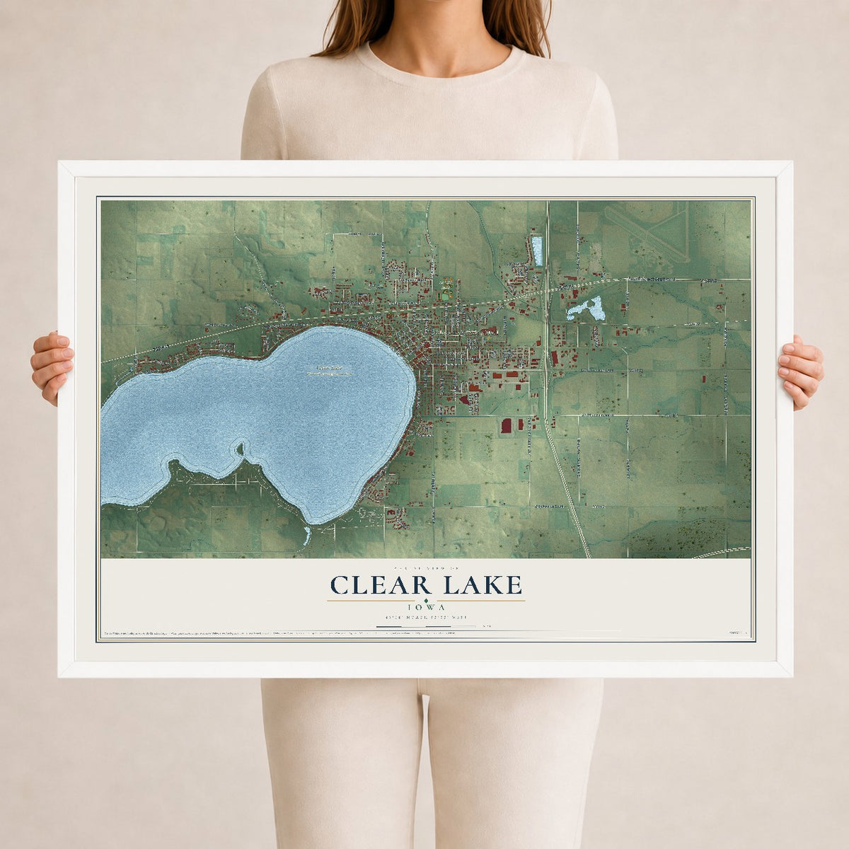 Map of Clear Lake, Iowa, 24 x 36 inch print in a white wood frame