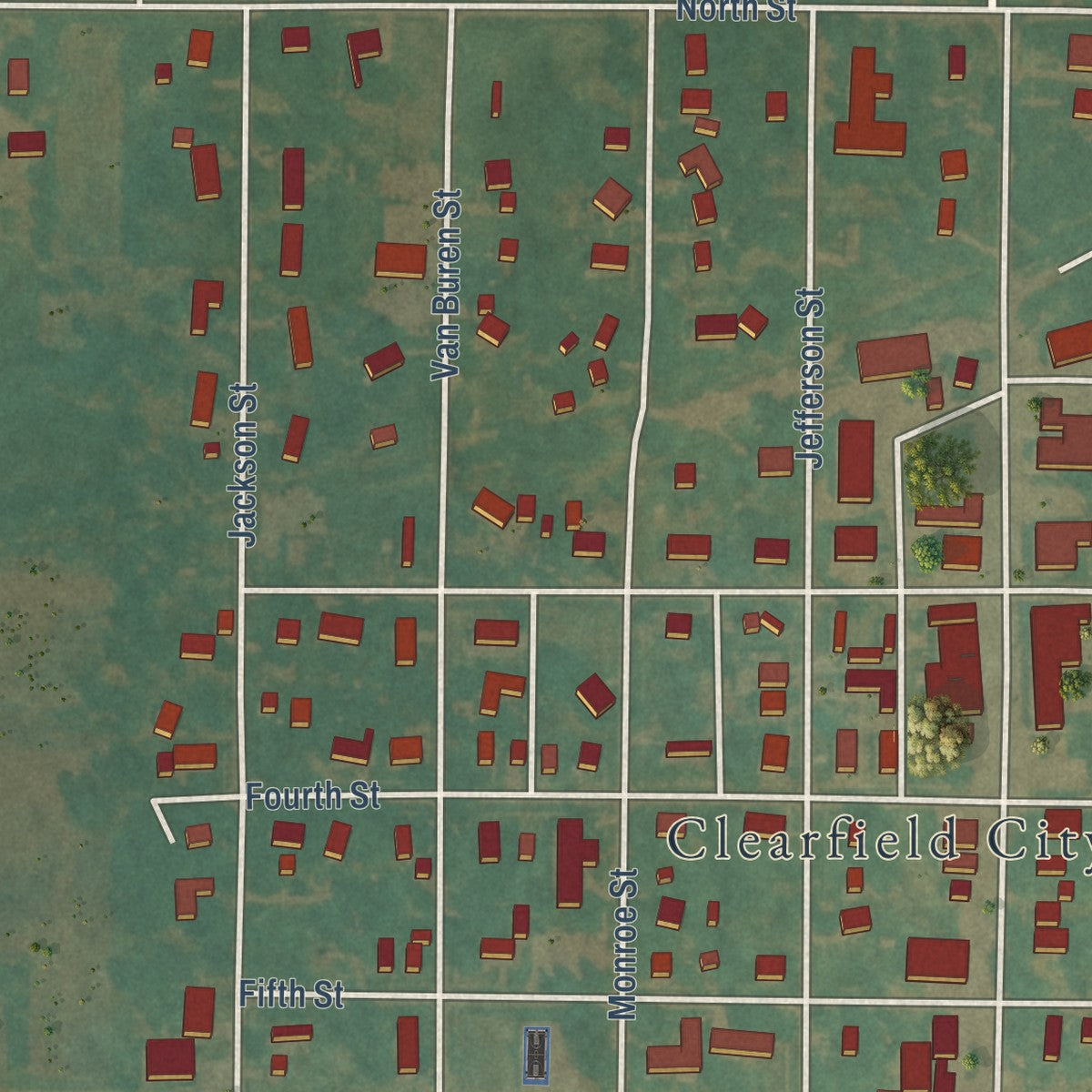 Close-up of the map of Clearfield, Iowa print showing street and building detail