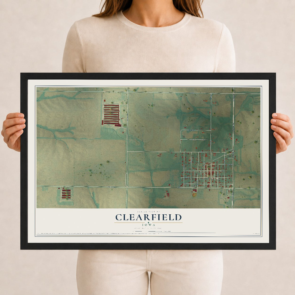 Map of Clearfield, Iowa, 12 x 18 inch print in a black wood frame