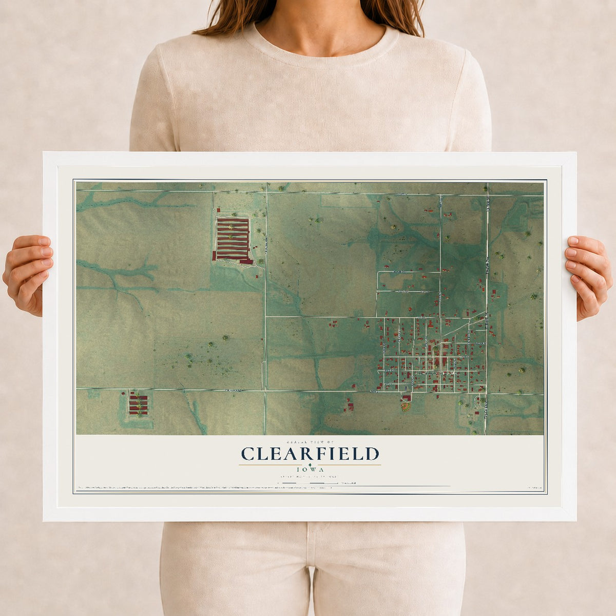 Map of Clearfield, Iowa, 12 x 18 inch print in a white wood frame