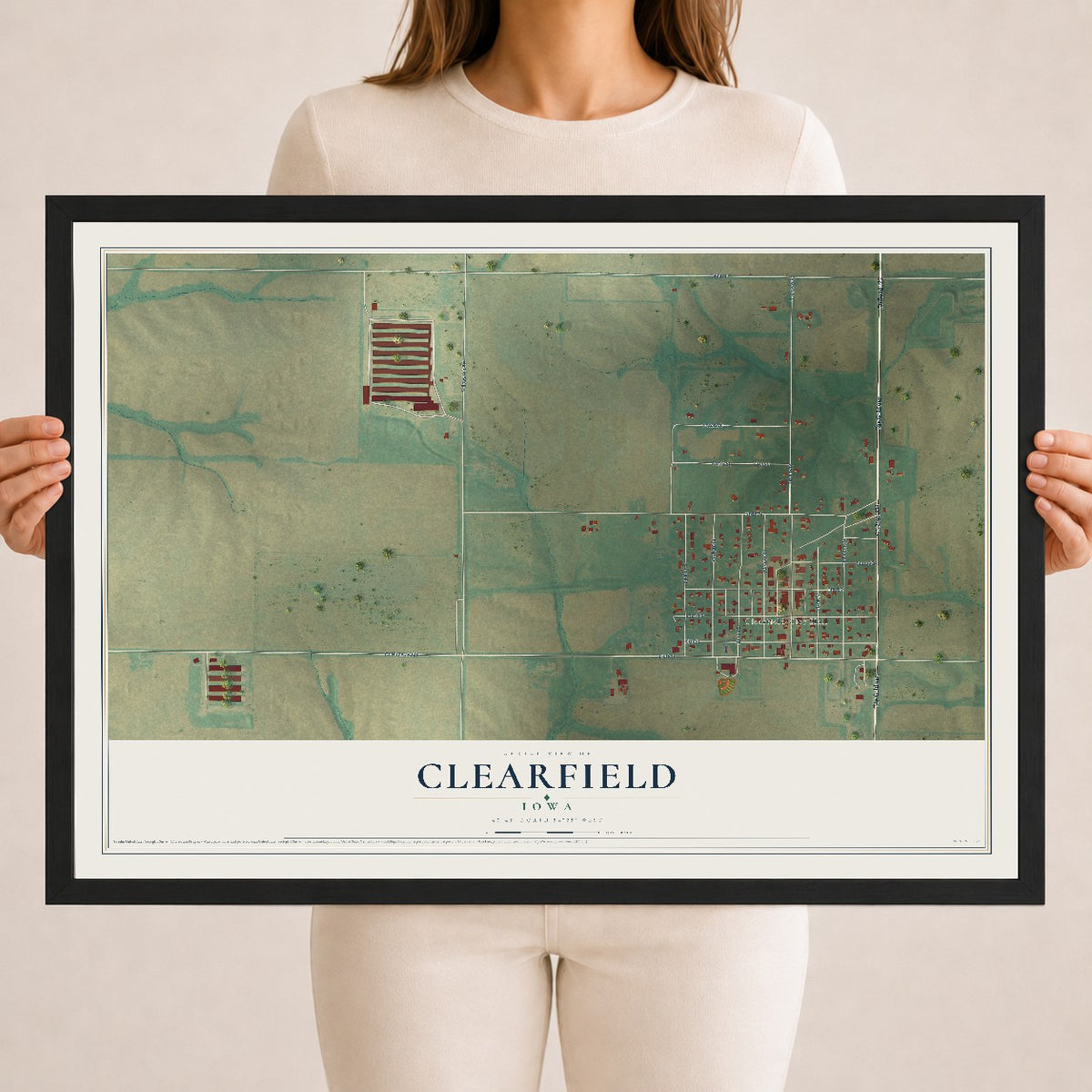 Map of Clearfield, Iowa, 18 x 24 inch print in a black wood frame