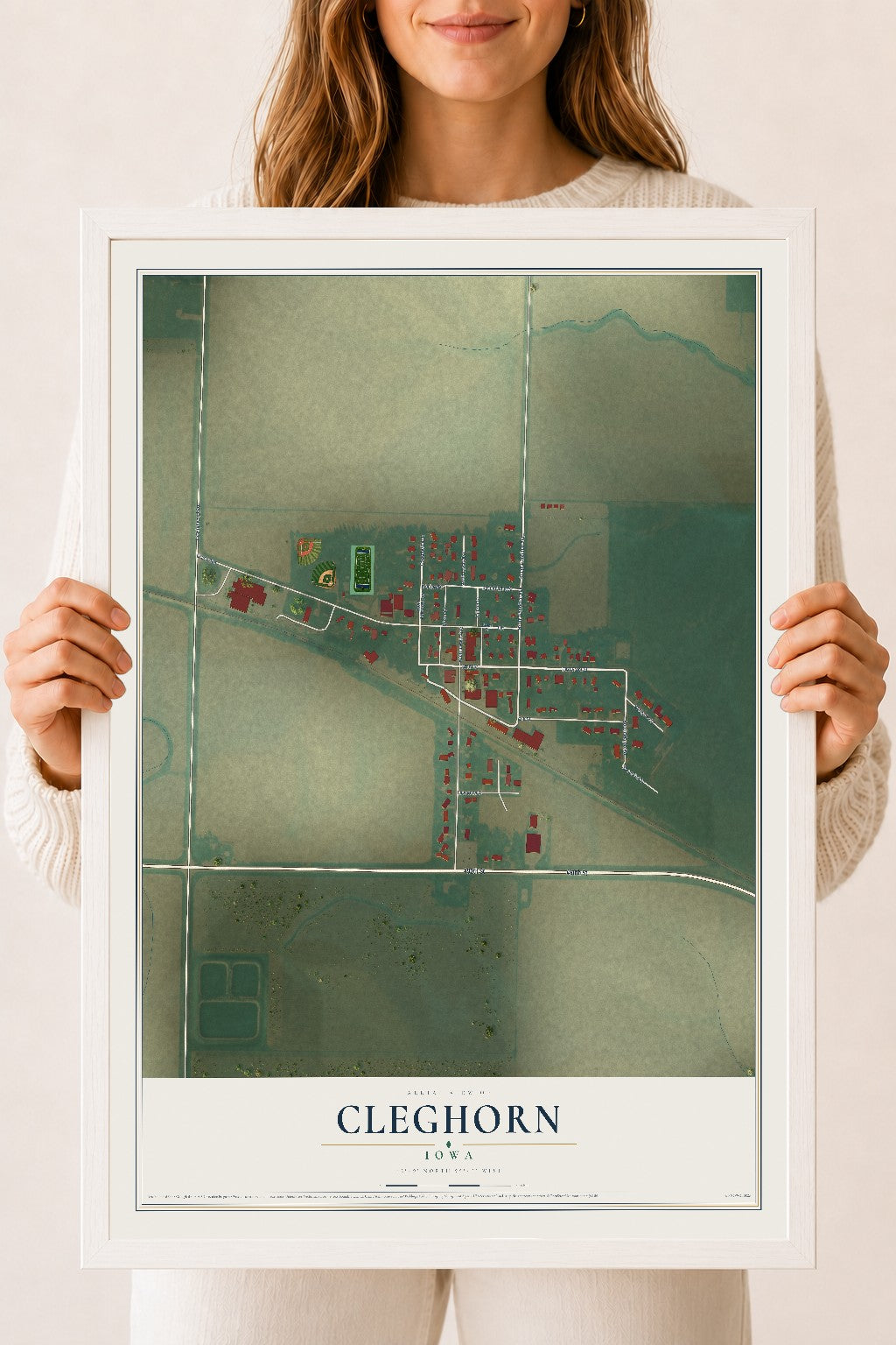 Map of Cleghorn, Iowa, 18 x 24 inch print in a white wood frame