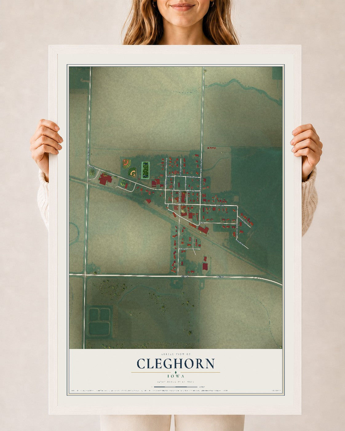 Map of Cleghorn, Iowa, 24 x 36 inch print in a white wood frame
